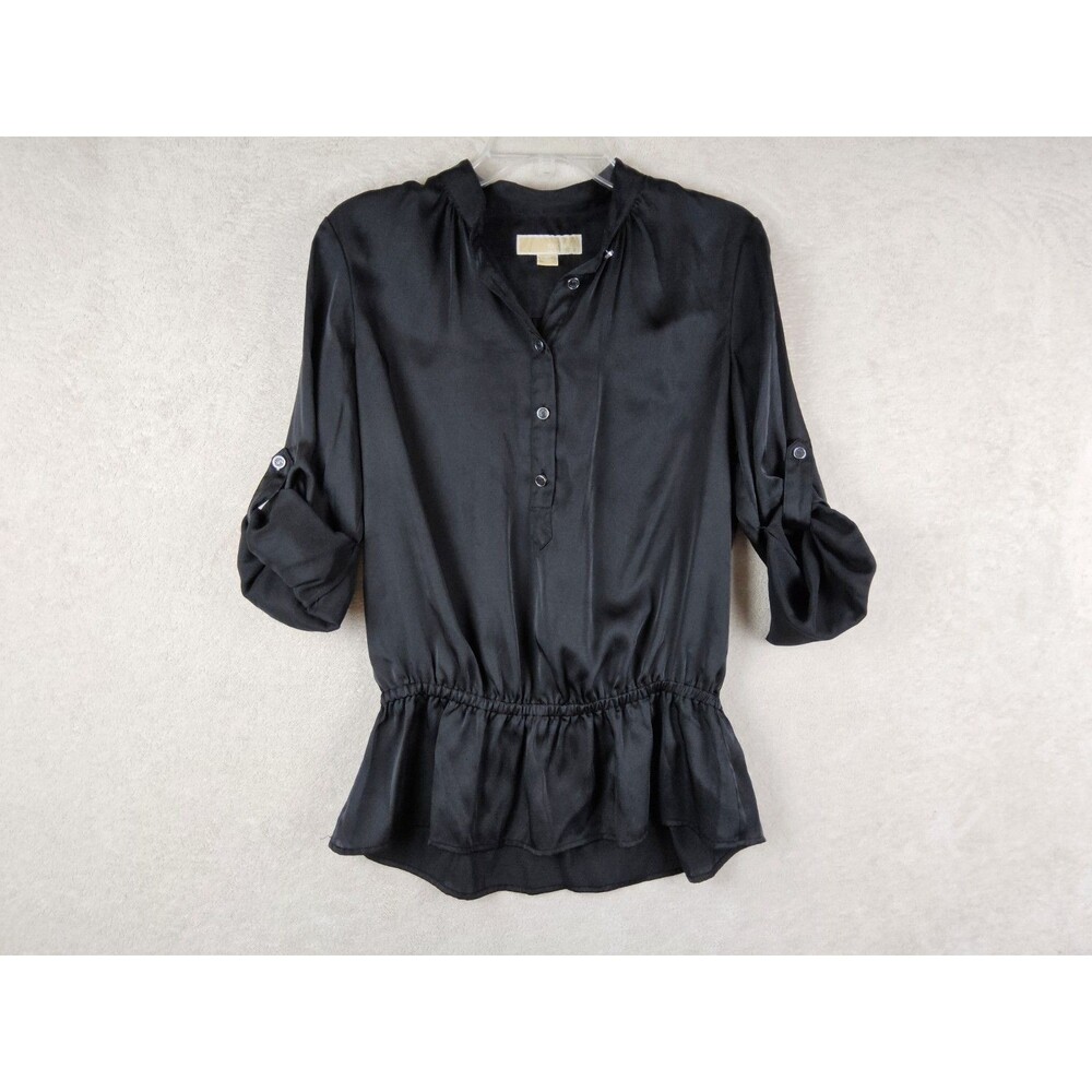 Michael Kors MK Women’s Roll Tab Sleeve Satin Elastic Waist Blouse Top Size XS